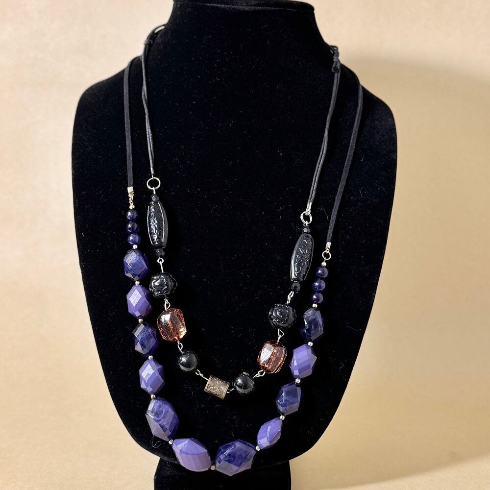 Set of 2 Vintage Beaded Necklaces Purple & Black Long Cord Statement